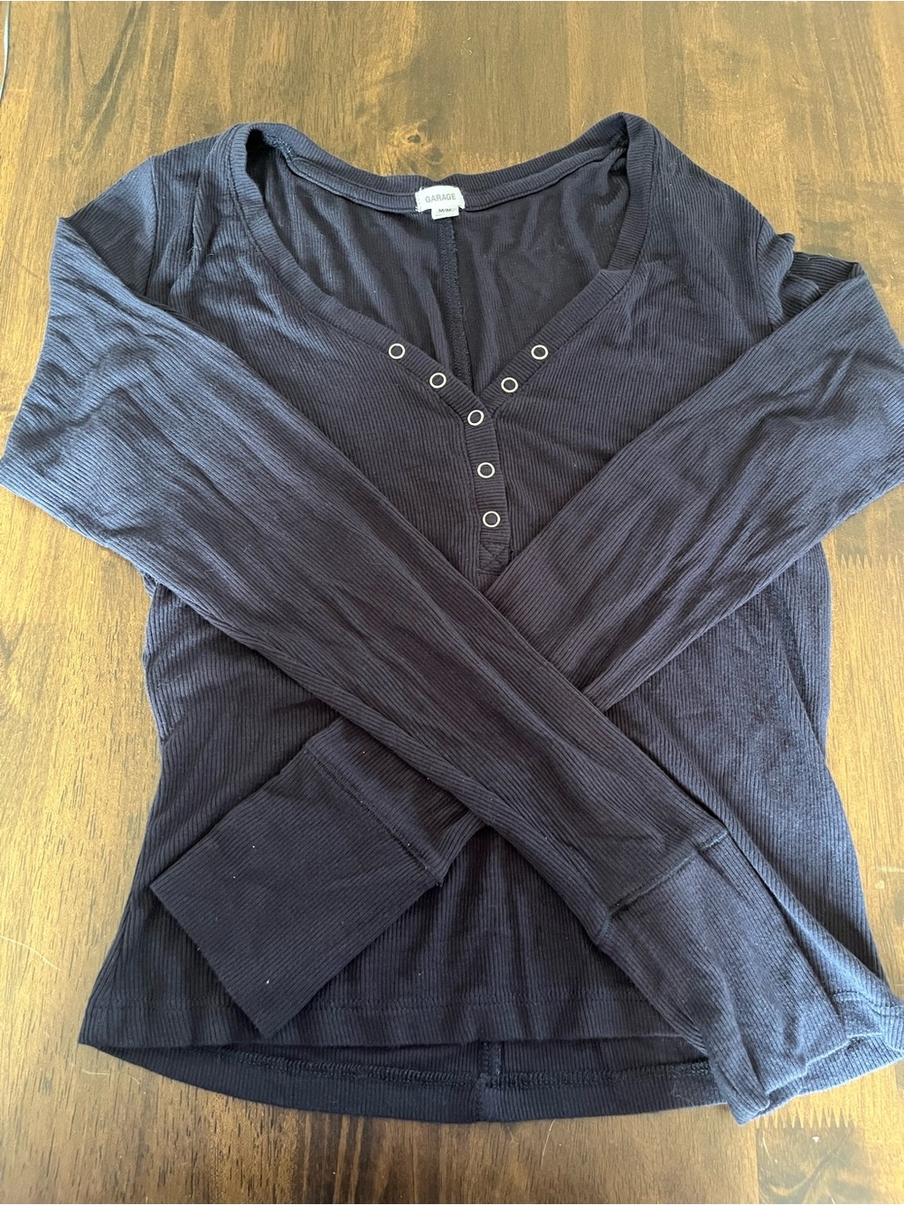Garage Navy Ribbed Snap-Detail Long Sleeve Top